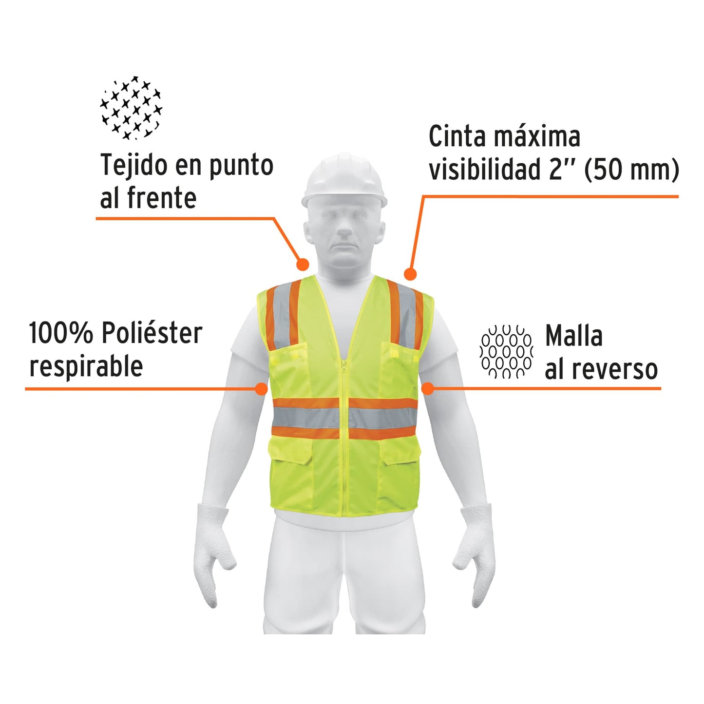 Chalecos con cintas dobles de 2" máxima visibilidad con cierre y 6 bolsas