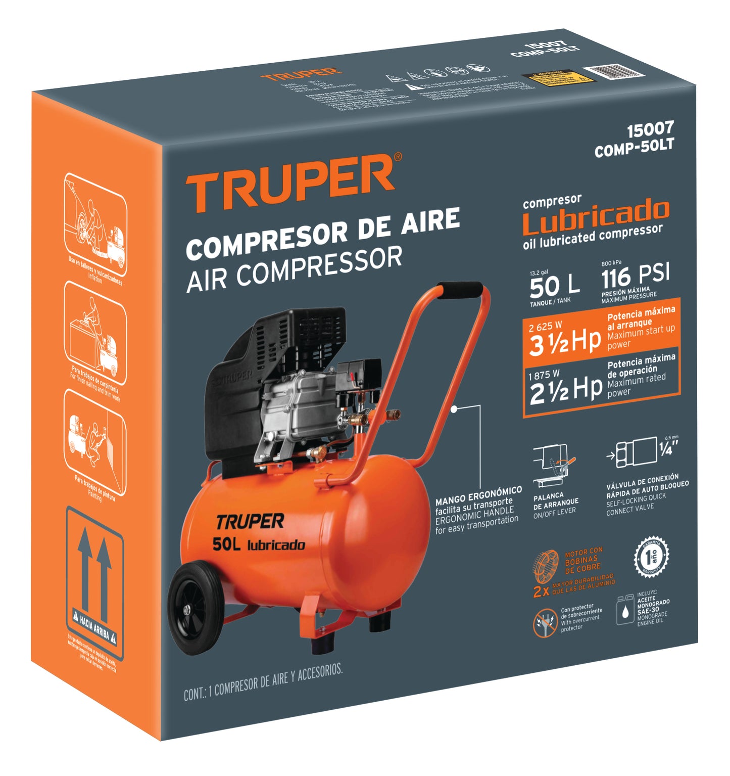 Compresor de aire, lubricado, horizontal 50L 3½HP 127V Truper