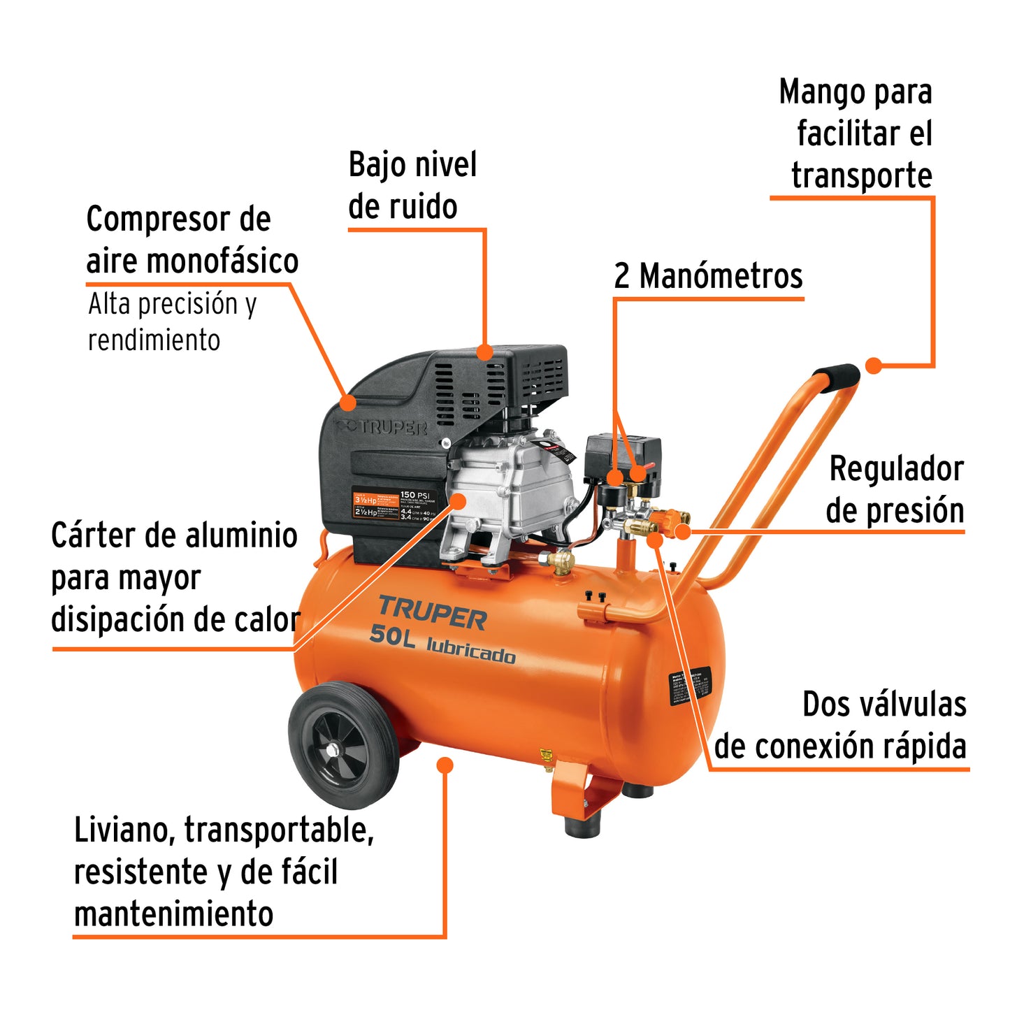 Compresor de aire, lubricado, horizontal 50L 3½HP 127V Truper