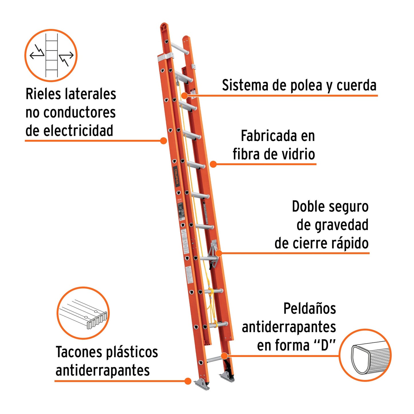 Escalera de extensión, tipo II, 20 peldaños, fibra de vidrio