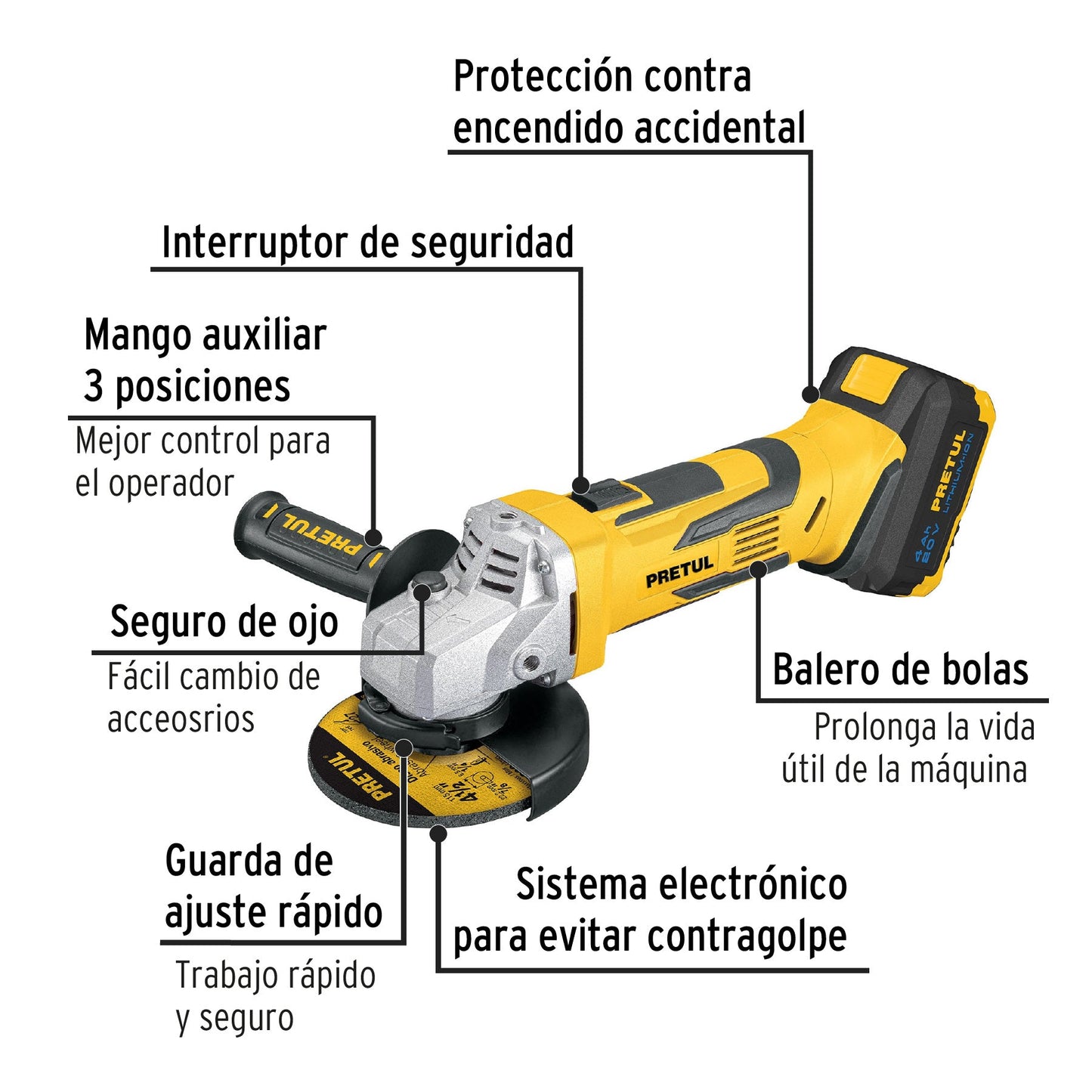 Esmeriladora angular inalámbrica 4-1/2", 20V, 1 batería 4Ah, PRETUL