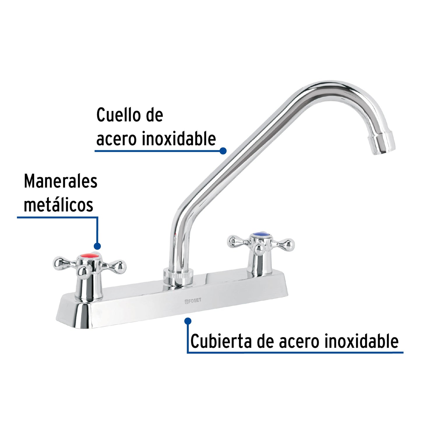 Mezcladora 8" para fregadero, cuello largo, maneral metalico tipo cruceta, FOSET