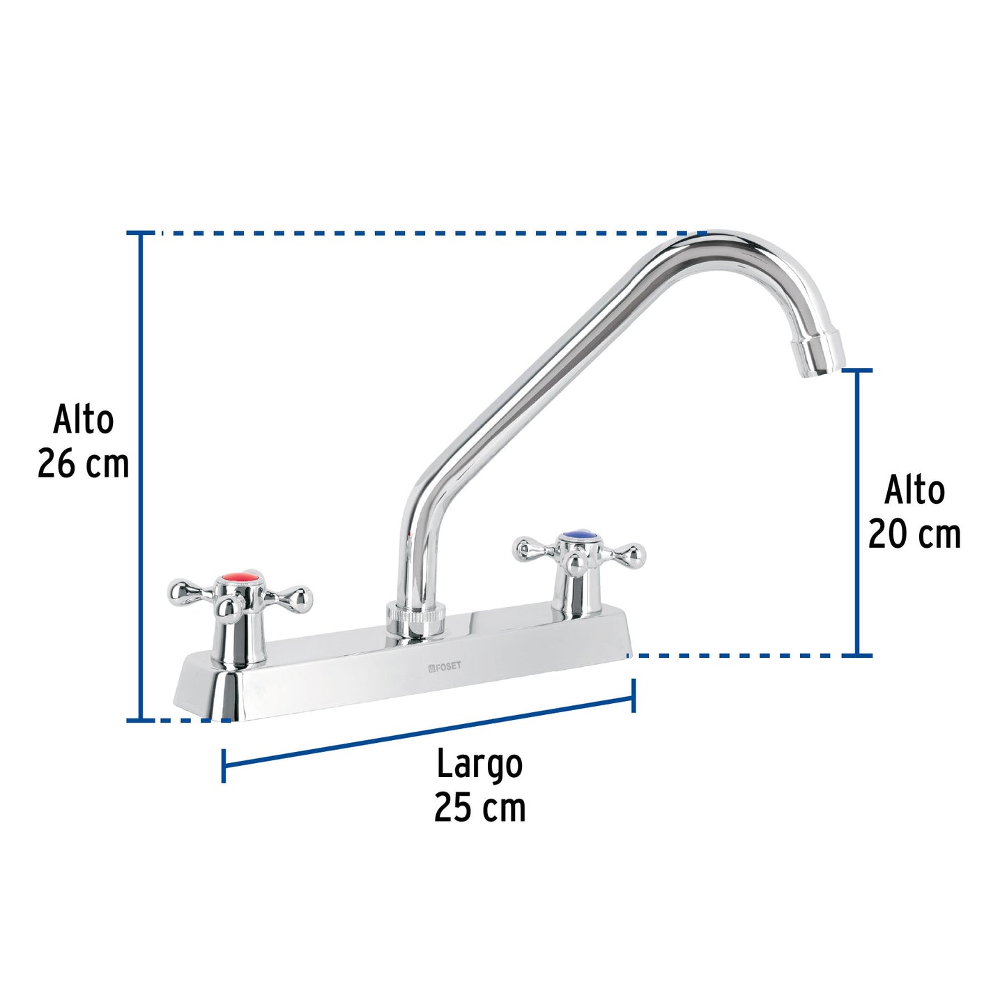 Mezcladora 8" para fregadero, cuello largo, maneral metalico tipo cruceta, FOSET