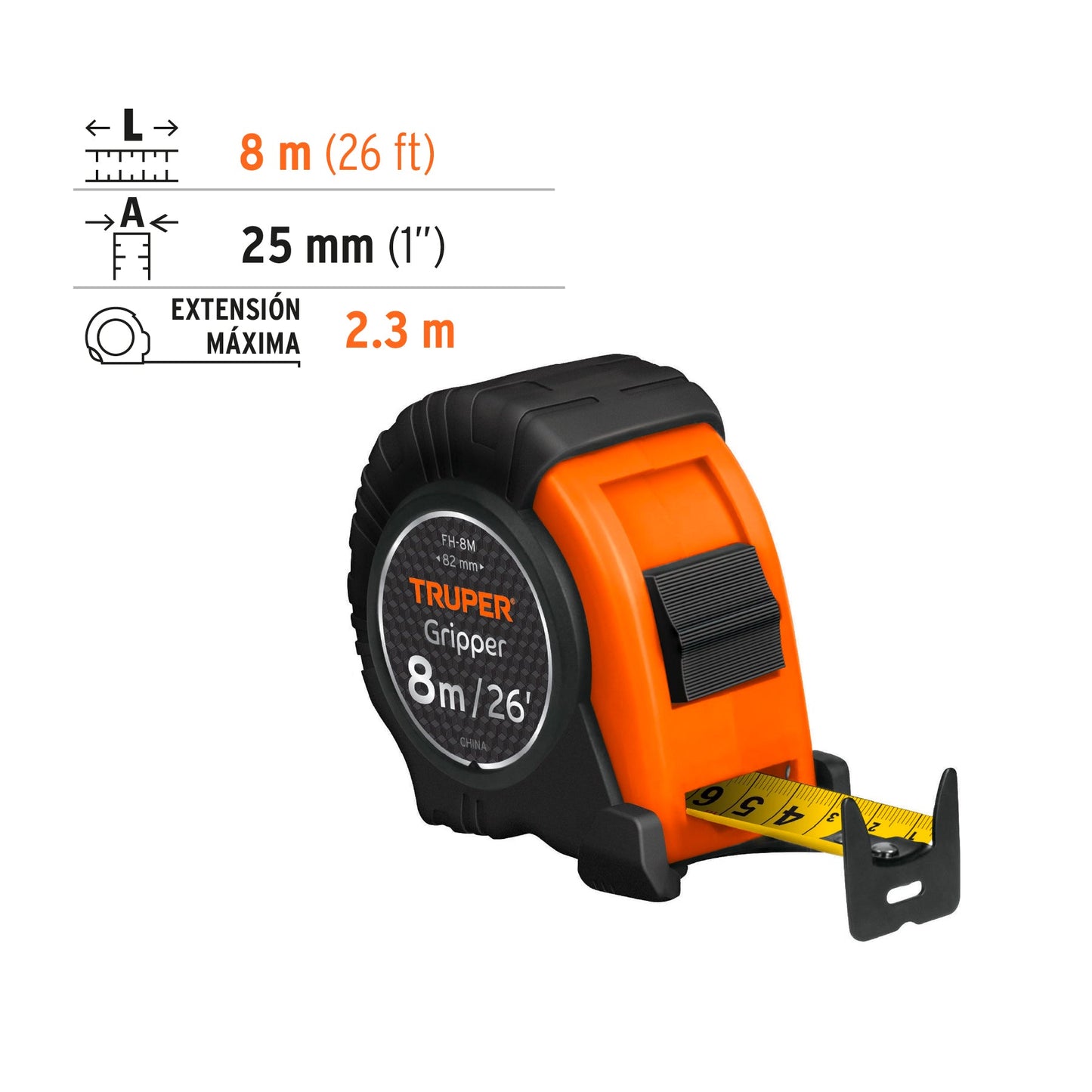 Flexómetros Gripper, resistentes a impactos 8 metros Truper