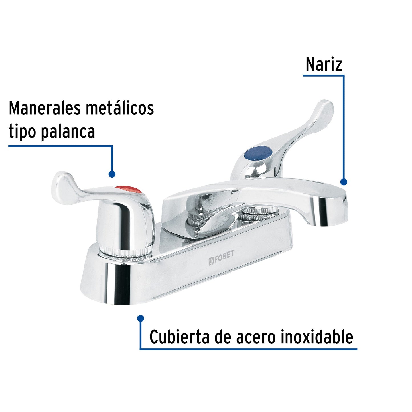 Mezcladora 4" para lavabo, maneral metalico tipo palanca, cartucho cerámico, FOSET