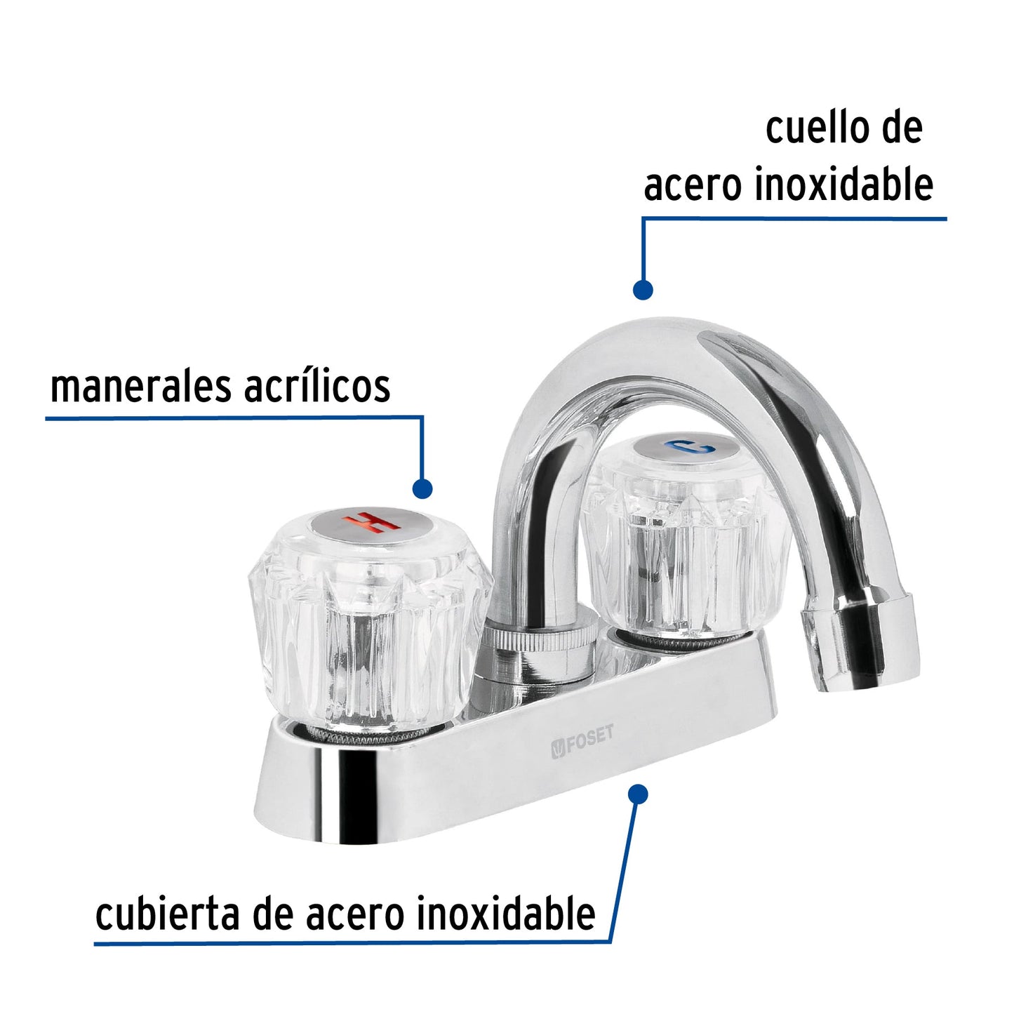 Mezcladora 4" para lavabo, cuello curvo, manerales de acrílico, FOSET