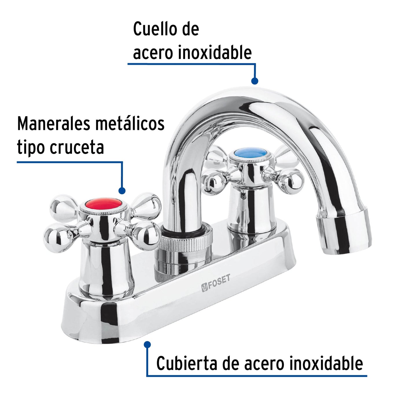 Mezcladora 4" para lavabo, cuello curvo, manerales tipo cruceta, FOSET