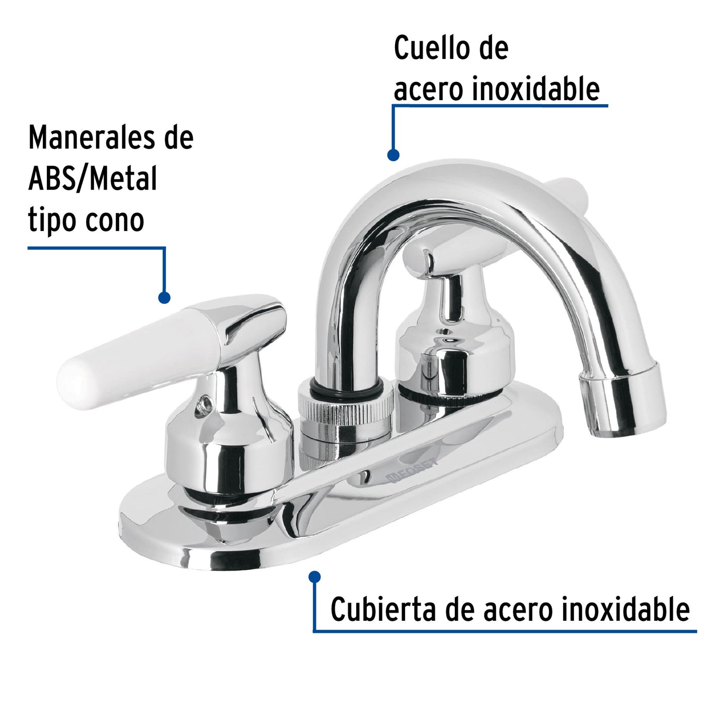 Mezcladora 4" para lavabo, cuello curvo, manerales tipo cono, FOSET