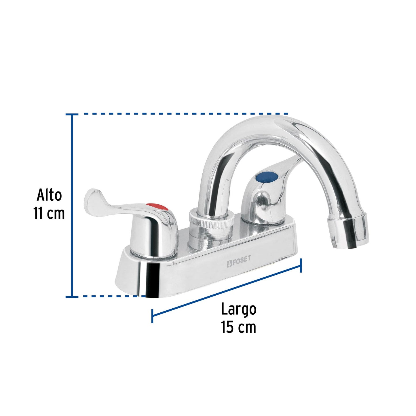 Mezcladora 4" para lavabo, cuello curvo, manerales tipo palanca, FOSET