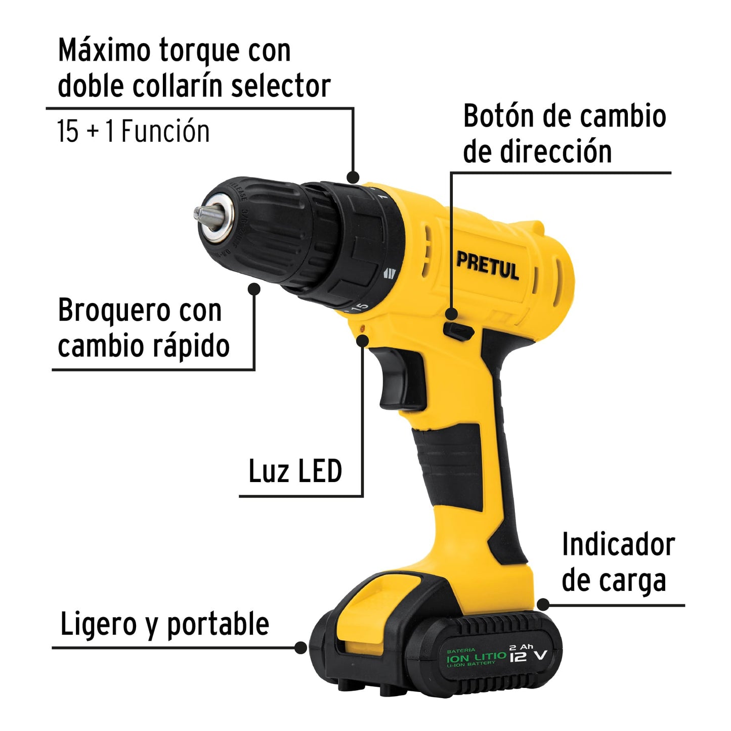 Kit de taladro 3/8", 12V, 33 accesorios, en estuche, PRETUL