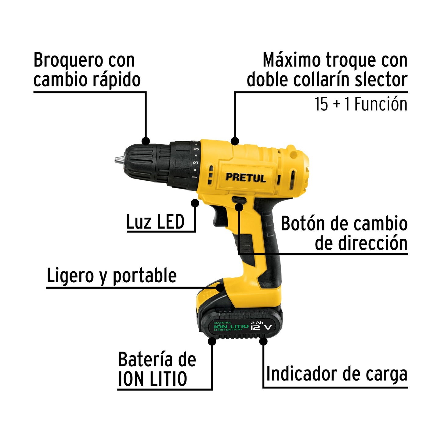 Taladro inalámbrico 3/8", 12V, 1 batería 2Ah, PRETUL